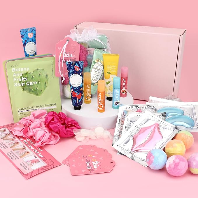 60PCS Spa Party Supplies for Girls, Include Facial Masks, Lip Mask, Under Eye Patches, Lip Balm, Foot Bath Bombs, Hand Cream, Compressed Towel, Hair Band, Sleepover Party Supplies for Girls