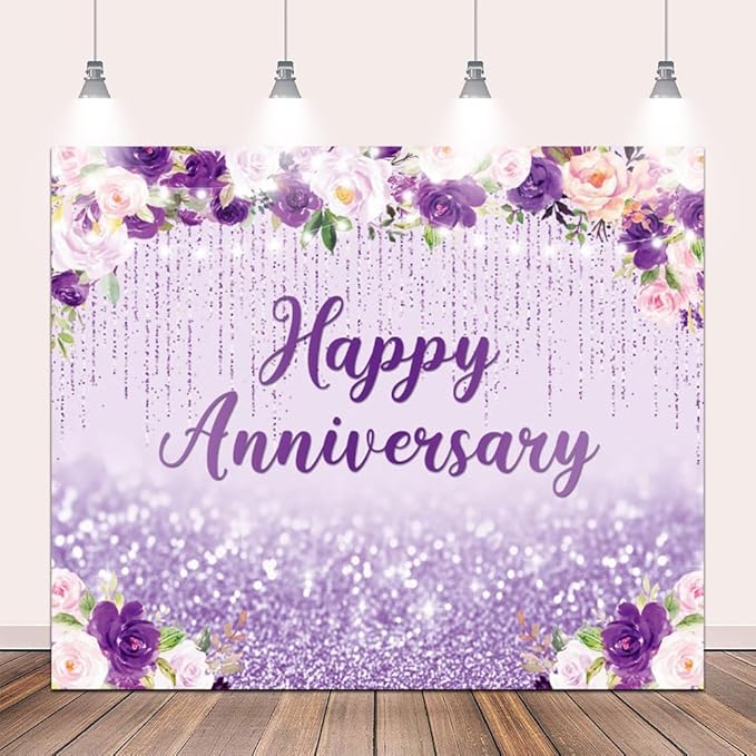 10x8ft Happy Anniversary Backdrop, Floral Glitter Backdrop for Women Wedding Anniversary Decoration Violet and Pink Flowers Photography Background Cake Table Banner Party Decor
