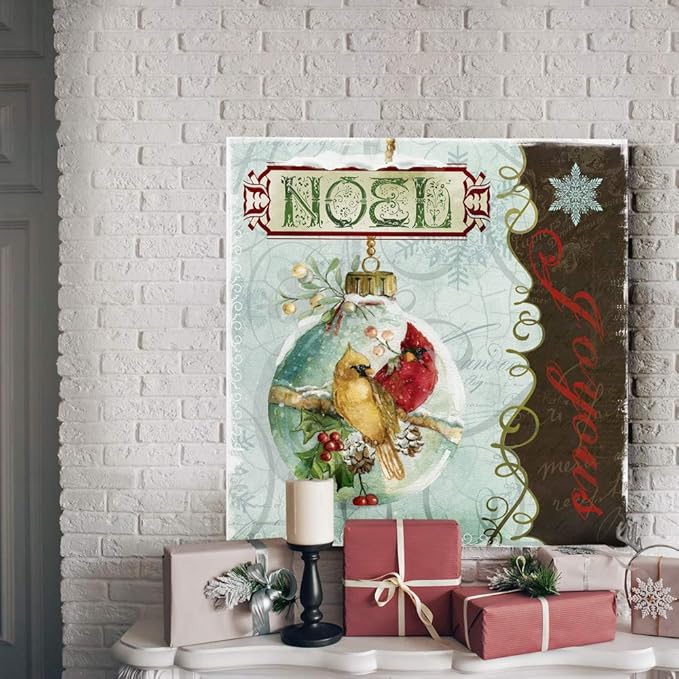 Renditions Gallery Joyous Noel Ornament Wall Art, Cute Winter Decor, Yellow & Red Cardinals, Festive Holly, Premium Gallery Wrapped Canvas, Ready to Hang, 40 in H x 40 in W, Made in America