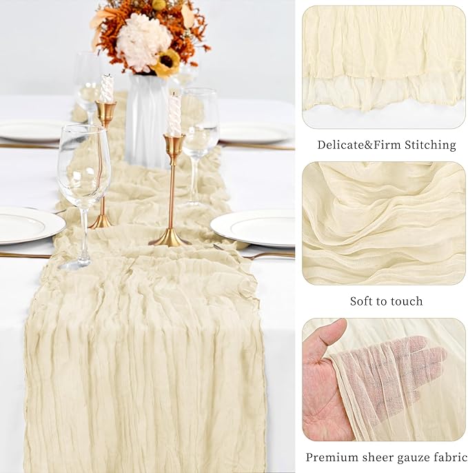 20 Pack Ivory Table Runner 10Ft Cheesecloth Table Runner Boho Gauze Cheese Cloth Table Runners Romantic Long Sheer Fabric Cream Table Runners for Wedding Party Bridal Shower