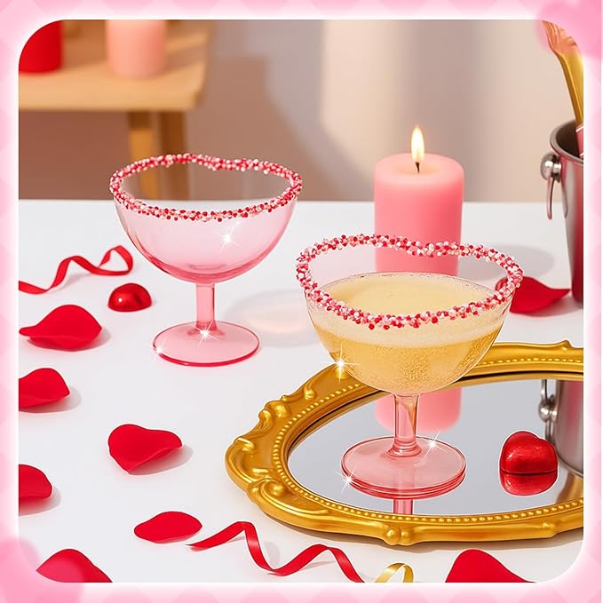 10 Pcs Galentines Day Party Supply Pink Martini Glasses 10 oz Valentine's Day Heart Shaped Martini Glasses Acrylic Heart Shaped Wine Cups for Wedding Bridal Shower Birthday Bachelorette
