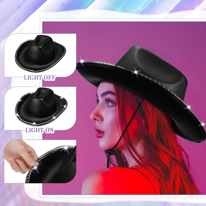 Kigeli 10 Pcs Lights LED Cowboy Cowgirl Hat LED Flashing Hat Cowgirl Hat for Western Cowboy Role Play(Silver,Sequin)