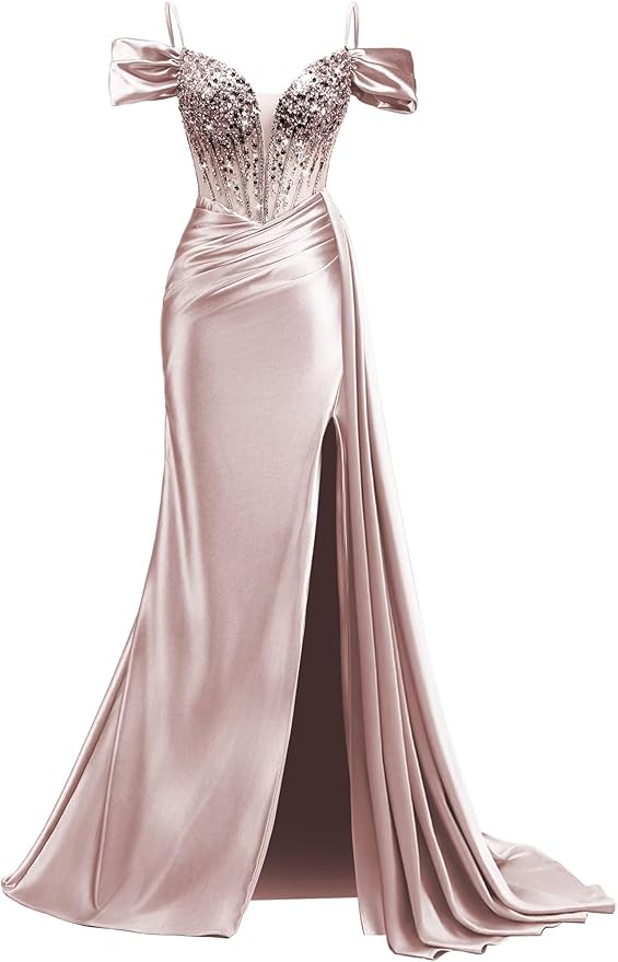 Rjer Off The Shoulder Satin Prom Dresses Long with Slit Tail 2026 Sequin Beaded Pleated Evening Ball Gown for Women Formal