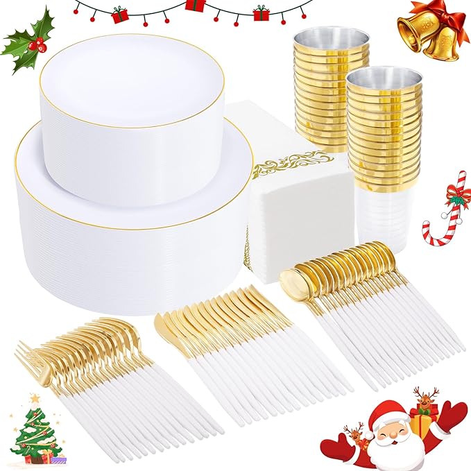 Supernal 350pcs Gold Plastic Dinnerware Set for 50 Guests,Fancy Disposable Plates for Party,Gold Plastic Silverware with White Handle,Disposable White Plates Wedding,Birthday