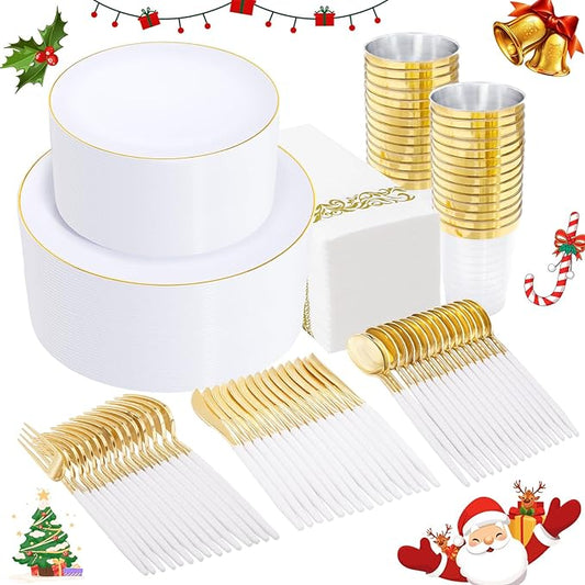 Supernal 350pcs Gold Plastic Dinnerware Set for 50 Guests,Fancy Disposable Plates for Party,Gold Plastic Silverware with White Handle,Disposable White Plates Wedding,Birthday