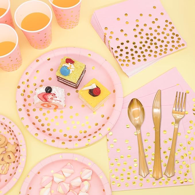 Pink and Gold Party Supplies, 350PCS Disposable Dinnerware Set with Pink Paper Plates Napkins Cups, Gold Plastic Flatware Set for Women Girls Birthday Graduation Baby Shower Engagement Wedding
