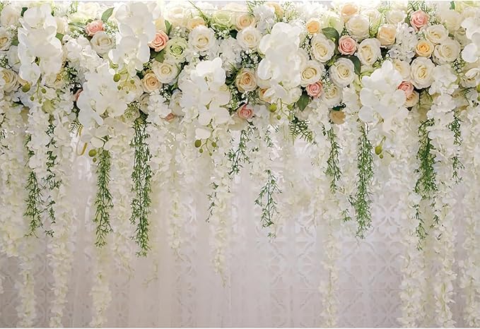 10x6.5ft Wedding Backdrop White Curtain Floral Wedding Ceremony Photography Background Bridal Shower Party Decor Lover Engagement Proposal Prom Banner Newborn Baby Shower Party Vinyl Wallpaper