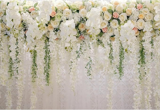10x6.5ft Wedding Backdrop White Curtain Floral Wedding Ceremony Photography Background Bridal Shower Party Decor Lover Engagement Proposal Prom Banner Newborn Baby Shower Party Vinyl Wallpaper