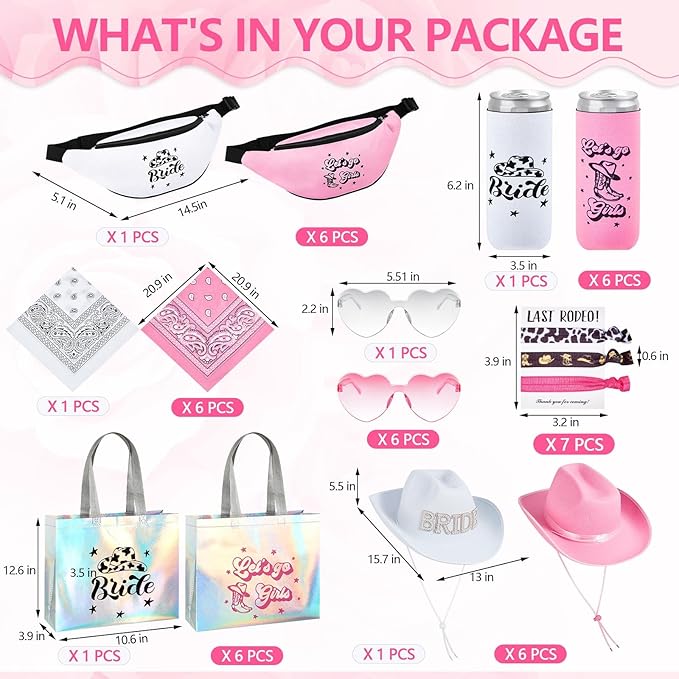 49 Pcs Cowgirl Bachelorette Party Favors Set Bachelorette Cowgirl Hats Bridesmaid Fanny Pack Can Sleeves Hair Ties Paisley Bandanas Heart Glasses Tote Bags for Bridal Shower