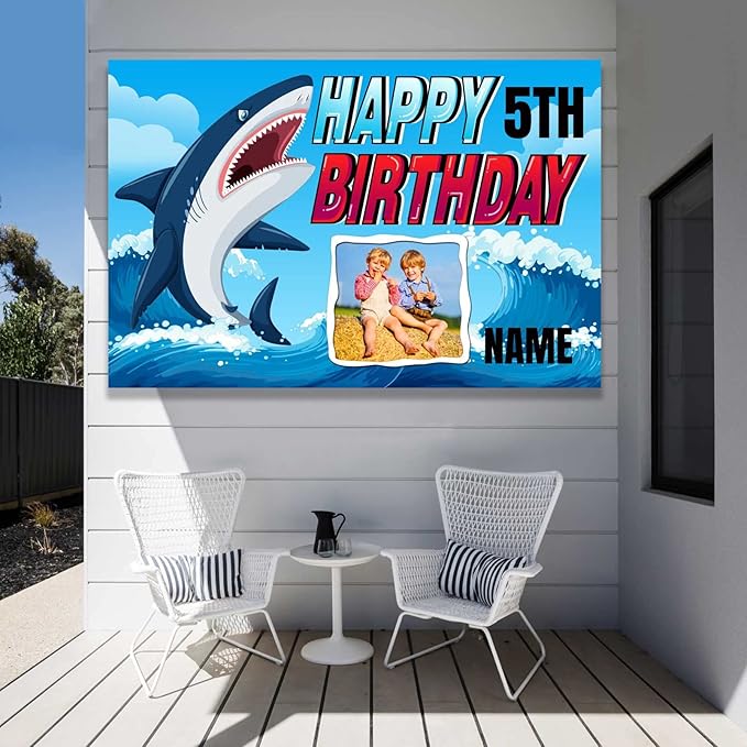Custom Shark Happy Birthday Party Decorations Supplies Personalized Shark Ocean Themed Birthday Backdrop Banner(6x9ft)