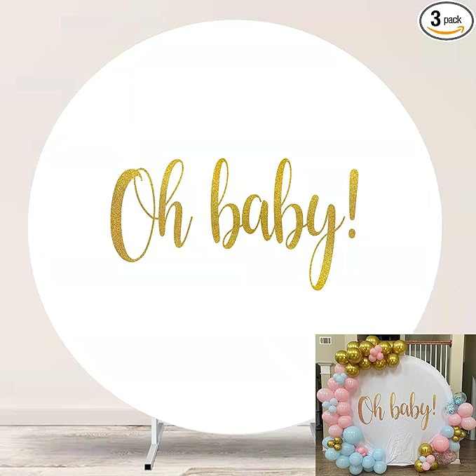 Oh Baby Round Backdrop Cover 7.5ft,7.5 Round Backdrop Cover,Gold Oh Baby Sign for Photography Baby Shower,Birthday Party Banner Gender Reveal Pregnancy Photo Studio Props