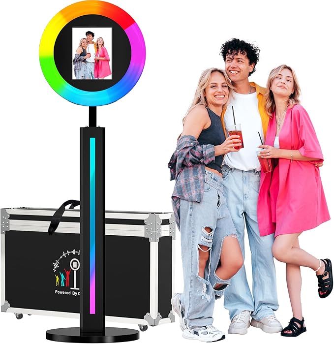 Photo Booth Machine Compatible with Any Ipad,ChackTok PhotoBooth VIP Member,Software APP Control Ring Light,Perfect for Wedding,Parties and Birthday,Light Bar Black
