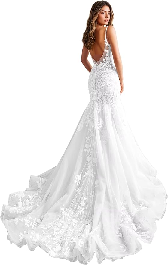 Zeeyecie Mermaid Tulle Wedding Dresses Lace Applique Corset V-Neck Sparkly Bridal Gowns with Train for Brides