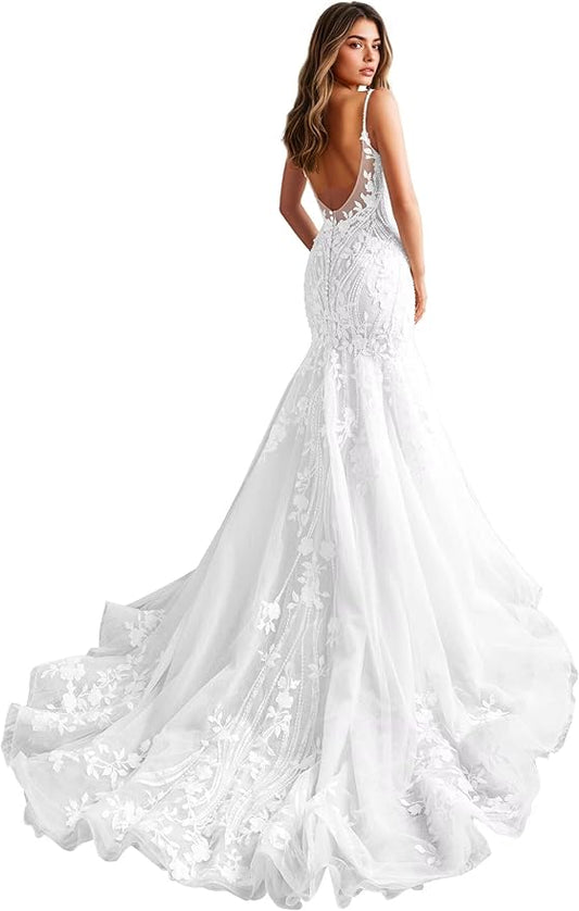 Zeeyecie Mermaid Tulle Wedding Dresses Lace Applique Corset V-Neck Sparkly Bridal Gowns with Train for Brides