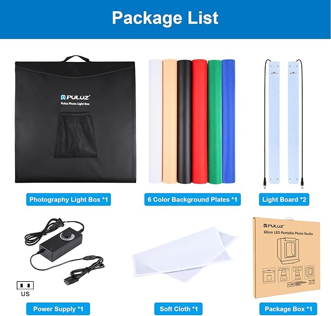 PULUZ Large Photography Light Box, 24x24 inches Photography Light Tent, 60cm x 60cm Photo Studio for Big Product, Portable Photo Booth with 2 Light Board＆ 6 Color backdrops, 5500K Lighting, US Plug