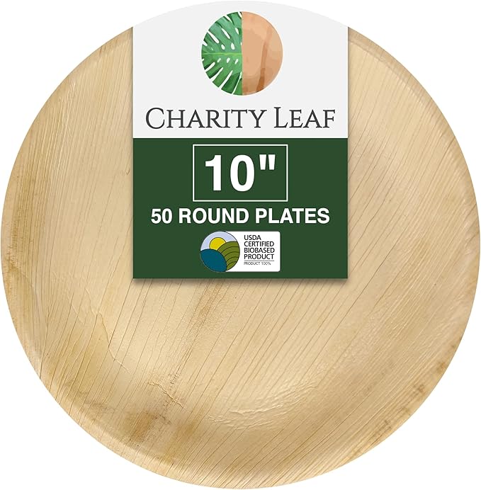 Charity Leaf Disposable Palm Leaf 10" Round Plates (50 pieces) Bamboo Like Serving Platters, Disposable Boards, Eco-Friendly Dinnerware For Weddings, Catering, Events