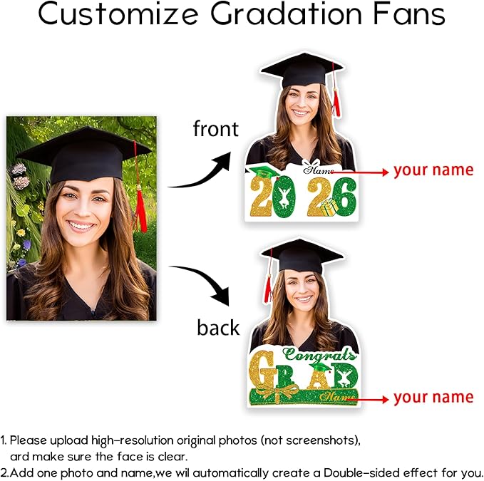 Personalized Graduation Face Fan 2026 Grade Custom Double Sided Face Cutout Fan with Handle Photo Booth Prop Party Supplies(B-Green and Gold,12pcs)