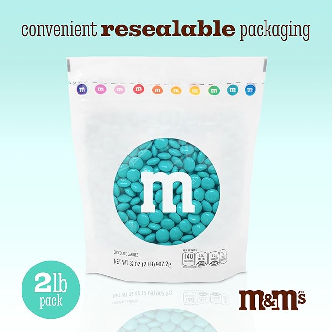 M&M'S Aqua Milk Chocolate Candy, 2lbs of M&M'S in Resealable Pack for Candy Bars, Birthday Parties, Graduations, Dessert Tables & DIY Favors