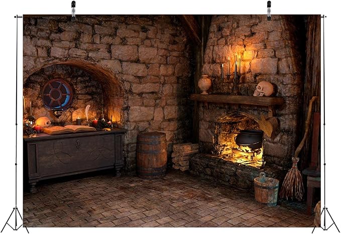 BELECO 15x8ft Fabric Spooky Witch Cottage Backdrop Halloween Magic Room Witch Kitchen Fireplace Magical Potion Books Candle Skulls Sorcerer Photo Props (A12482-1580)