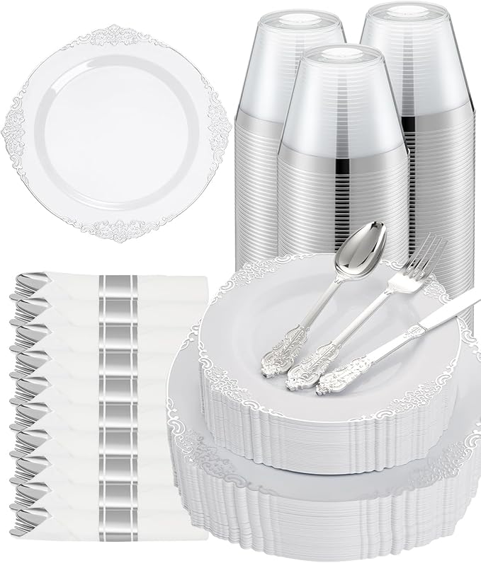 Goodluck 350 Piece Silver Plastic Dinnerware Set for 50 Guests, Fancy Disposable Plates, Include: 100 Silver Rim Plastic Plates, 150 Silverwares, 50 Pre Rolled Napkins, 50 Cups for Party, Wedding