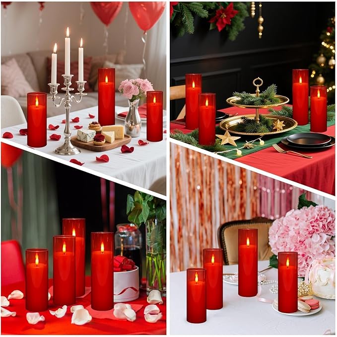 24-Pack Red Acrylic Flameless LED Candles with Remote Control - Realistic Flickering Battery - Operated Candles for Valentine's Day,Home Decor, Weddings, and Parties.