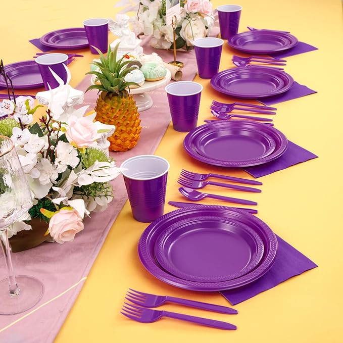 MirthMood 350Pcs Purple Party Supplies, Purple Plastic Dinnerware Set, Including Plates and Napkins, Plastic Cutlery and 12OZ Cups
