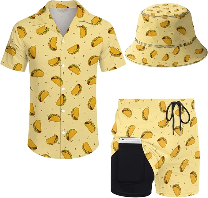 Men's Hawaiian Shirt and Shorts Set 2 Piece Beach Outfits with Bucket Hats for Beach Days and Summer Vibes