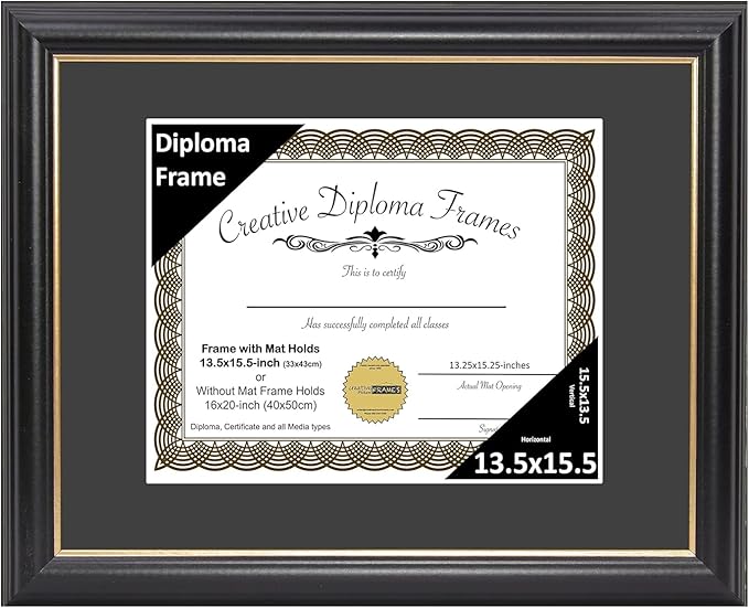 Creative Picture Frames 13.5" x 15.5" Rockefeller Black w/Gold Rim Diploma Frame, Displays 13.5" x 15.5" Certificate or 16" x 20" Document w/o Mat, College Degree Frame, Full-Strength Glass, Black Mat