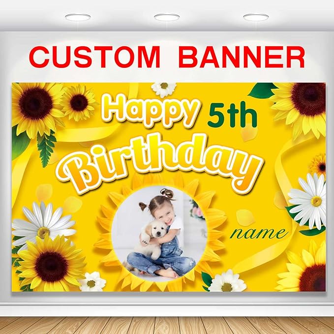 Custom Sunflower Happy Birthday Party Decorations Supplies Personalized Sunflower Birthday Backdrop Banner(5x7.5ft)