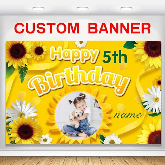 Custom Sunflower Happy Birthday Party Decorations Supplies Personalized Sunflower Birthday Backdrop Banner(5x7.5ft)