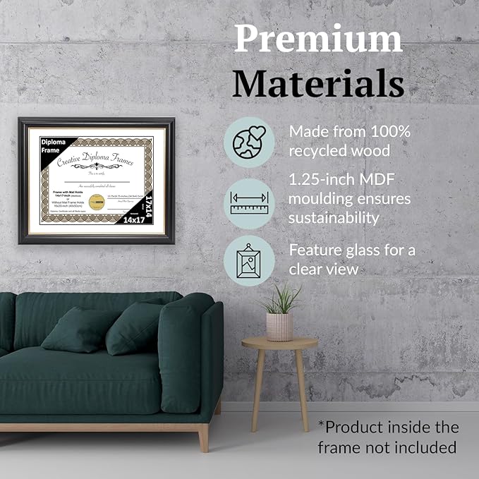 Creative Picture Frames 14" x 17" Rockefeller Black with Gold Rim Diploma Frame, Displays 14" x 17" Certificate or 16" x 20" Document without Mat, College Degree Frame, Full-Strength Glass, White Mat