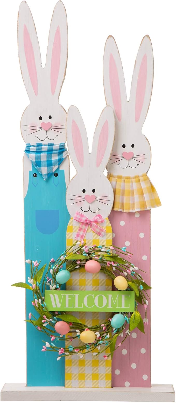 Glitzhome 30" H Easter Wooden Bunny Family Standing Porch Sign, Easter Welcome Sign Decorations for Home or Yard