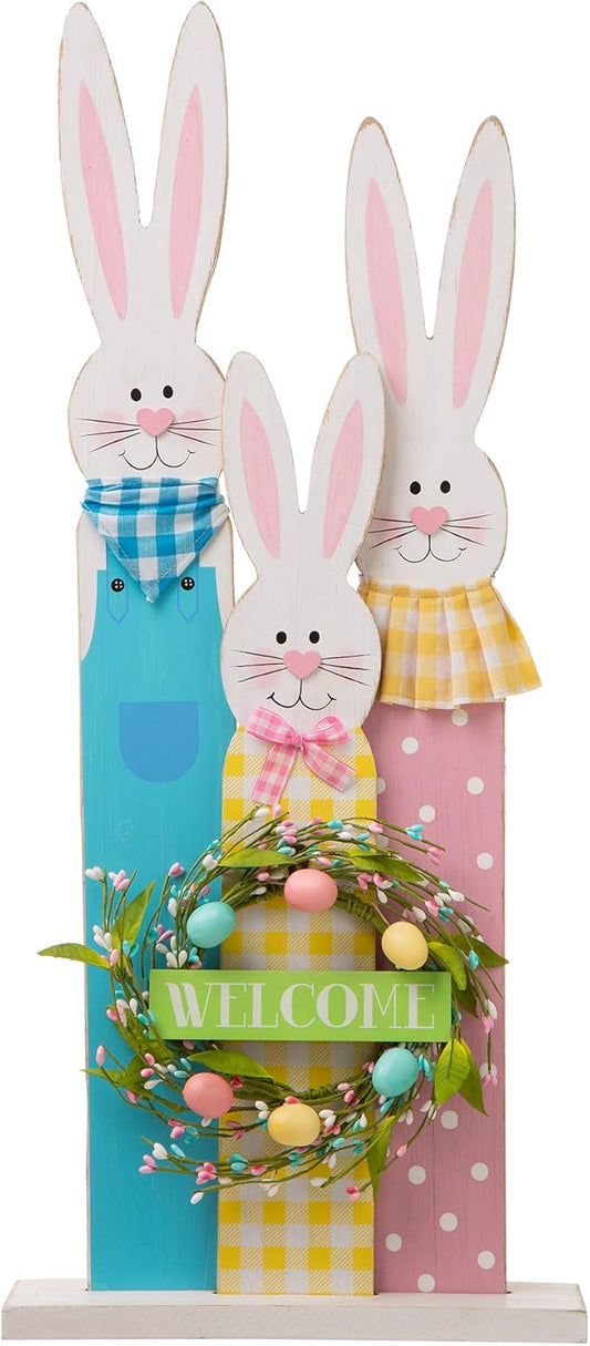 Glitzhome 30" H Easter Wooden Bunny Family Standing Porch Sign, Easter Welcome Sign Decorations for Home or Yard