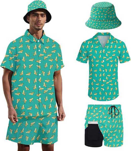 Men's Hawaiian Shirt and Shorts Set 2 Piece Beach Outfits with Bucket Hats for Beach Days and Summer Vibes