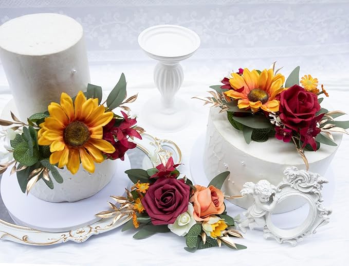 Marriwise 3Pcs Pre-made Cake Toppers Flowers, Sunflower & Red Wedding Cake Decoration,Artificial Flowers Decor for Wedding Ceremony Anniversary,Birthday Party,Fall Vintage (Sunflower & Red)