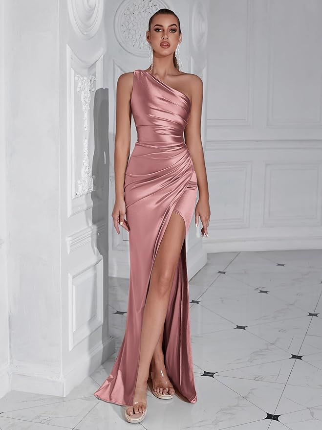 Formal Dresses for Women Cocktail Wedding Guest Satin One Shoulder Maxi Party Prom Sexy Corset Bodycon Evening Gowns
