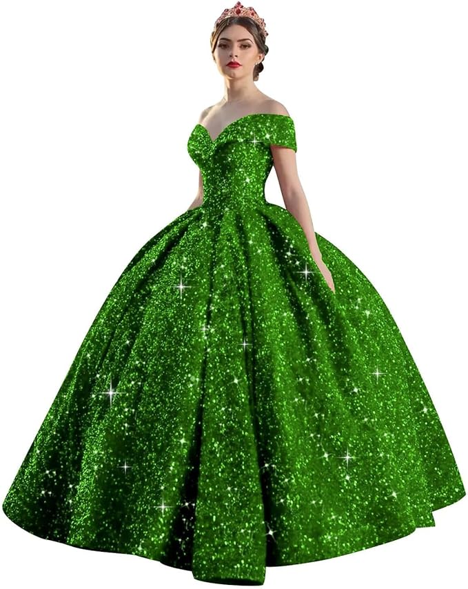 Quinceanera Dress Long Ball Gown Sparkly Sequin Off Shoulder V Neck Prom Dresses