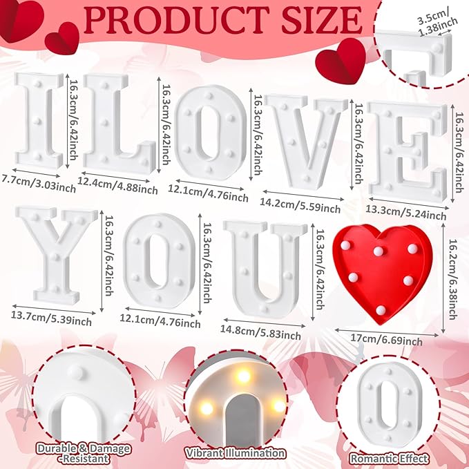 Honoson 10 Pcs I Love You Light up Sign Valentine Decoration Anniversary Present Romantic Heart LED Letters Lights for Valentine Day Wedding Engagement Boyfriend Girlfriend Lover Special Night Party