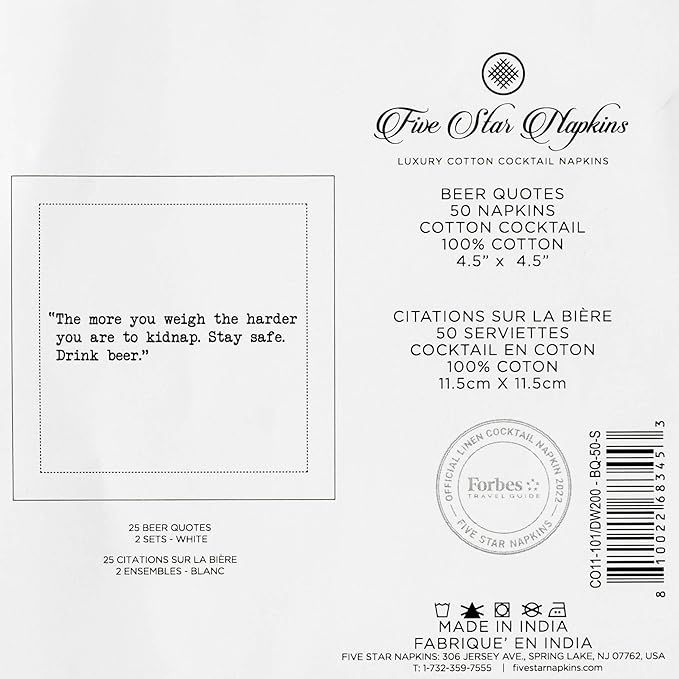 Five Star Funny Beer Quotes | White Cotton Cocktail Napkins | 50 Luxury Disposable Beverage Napkins with Witty Bar Quotes | Drink Napkins for Parties, Bars, Weddings & Game Nights