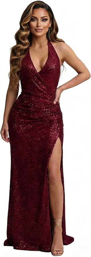 Halter Sequin Prom Dress for Women 2026 Pleats Formal Evening Dress with Slit L01032