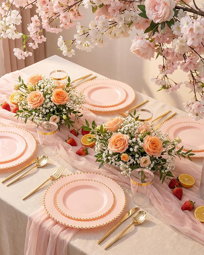180pcs Pink Plastic Plates with Gold Beads,Elegant Heavy Duty Disposable Plates,Pink and Gold Dinnerware Set Include 10.25" Dinner Plate and 7.5" Dessert Plate with Plastic Silverware and Cups Party