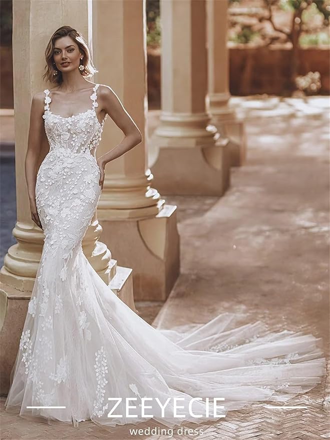Zeeyecie Mermaid Tulle Wedding Dresses Lace Applique Corset V-Neck Sparkly Bridal Gowns with Train for Brides