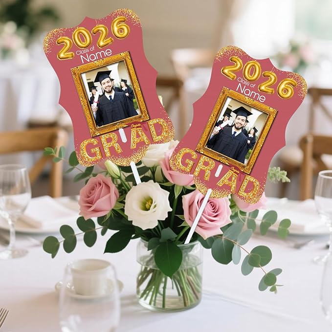 Personalized Graduation Double Sided Face Fan Class of 2026 Customized Graduation Head Face Cutout with Handle Fun Photo Prop Supplies(A-Rose Gold Pink,24pcs)