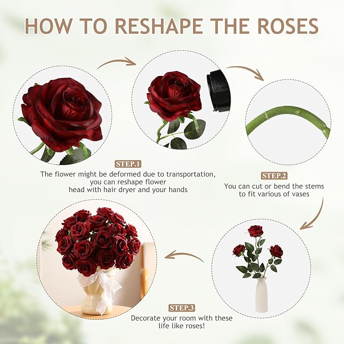Kisflower 80 Pcs Burgundy Roses Artificial Flowers Bulk, Maroon Flowers Artificial Silk Roses with Stems for Decoration DIY Wedding Bouquet Bridal Shower Party Home Table Centerpieces Decor (Burgundy)
