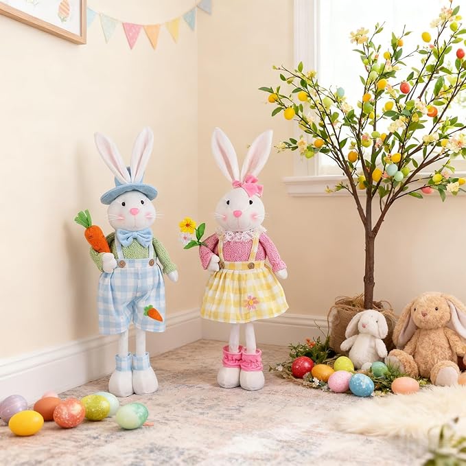 Juegoal 2 Pack Easter Decorations Standing Bunny with Stretchable Legs, 23" to 32" Handmade Easter Rabbit Couple Statues, Cute Photo Props Gifts for Office Kitchen Farmhouse Spring Home