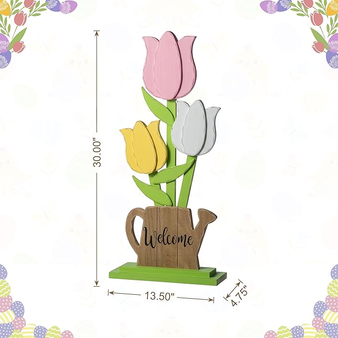 Glitzhome 30"H Easter Wooden Tulip Porch Decor,Standing Decorative Signs for Front Porch Farmhouse Outdoor Spring Easter Party Decor