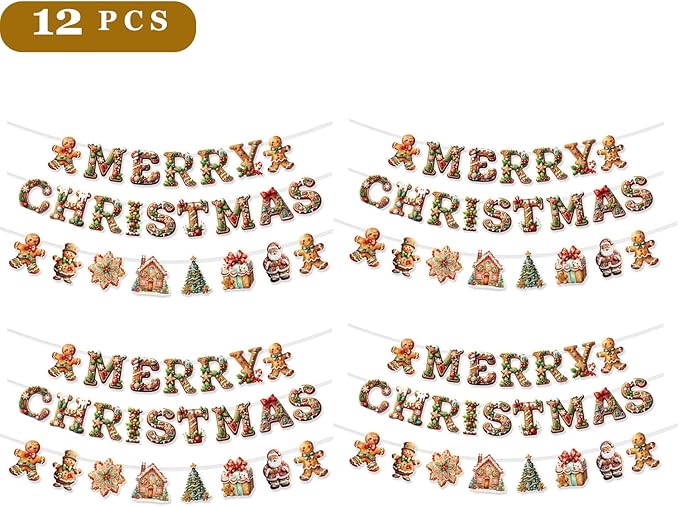 YUNZLAN 12 Pcs Gingerbread Christmas Banner, Merry Christmas Banner Hanging Decor for Home, Door, Garden for Xmas and Winter Holiday Party Decorations Favors Supplies (12)