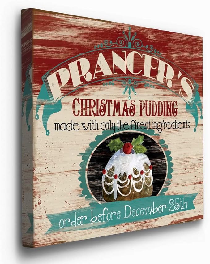 Renditions Gallery Prancer's Christmas Pudding Wall Art, Cute Winter Decor, Vintage Faux Wood Look, Festive, Premium Gallery Wrapped Canvas, Ready to Hang, 40 in H x 40 in W, Made in America
