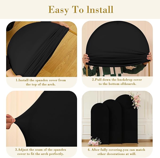 Black Arch Cover 3 Set - 6.6FT, 7.2FT, 8FT Black Arch Backdrop Cover Spandex Wedding Arch Stand Covers for Birthday Party Baby Shower Bridal Shower Wedding Banquet Photo Background Decorations