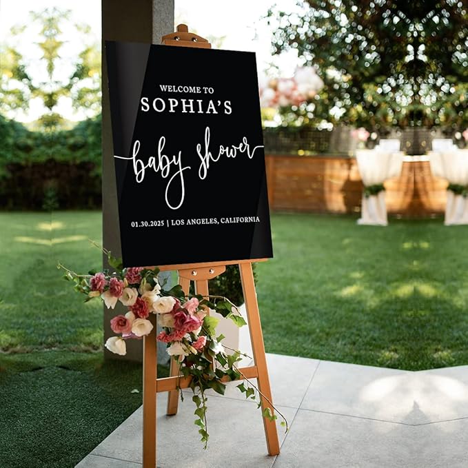 Andaz Press 16"x20" Black Acrylic Personalized Baby Shower Welcome Sign, Gender Neutral Large Custom Sign for Easel Stand, Modern Baby Shower Decorations